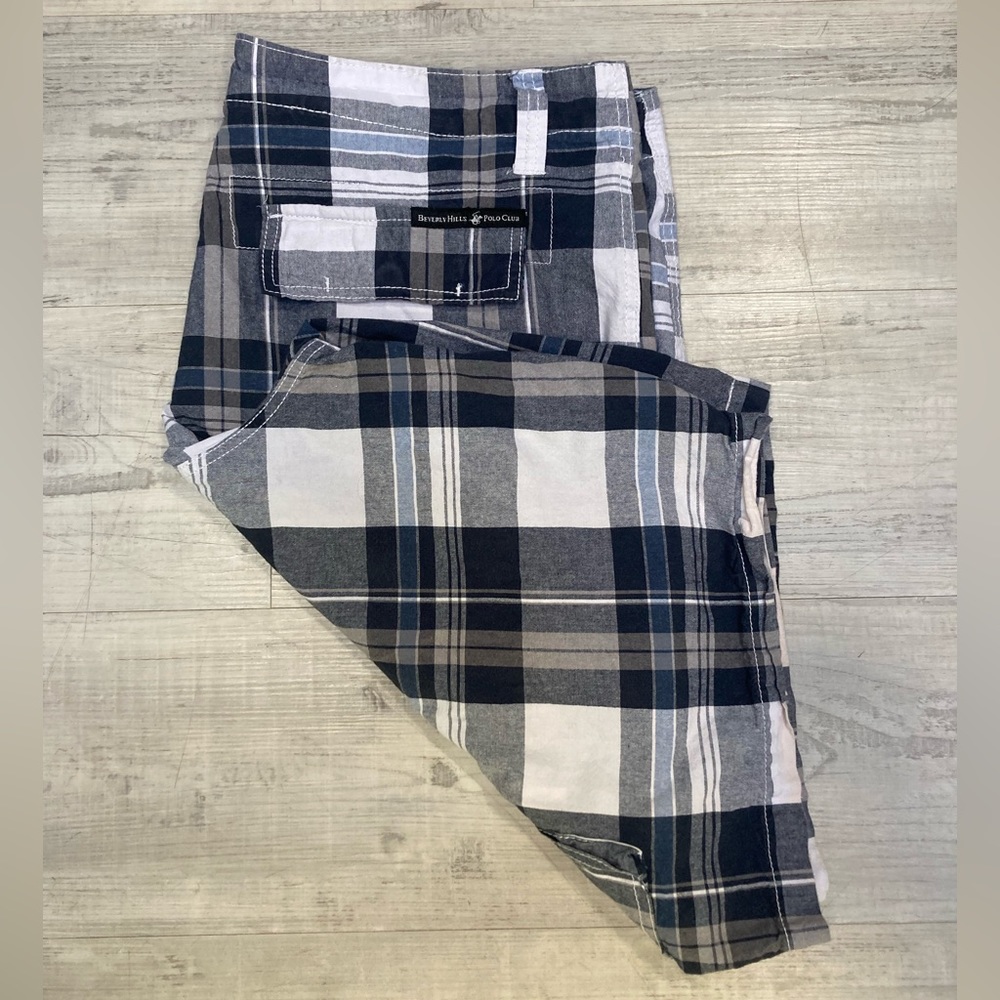 Beverly Hills Polo Club - Plaid Cargo Shorts - Blue and White - Waist is 40”